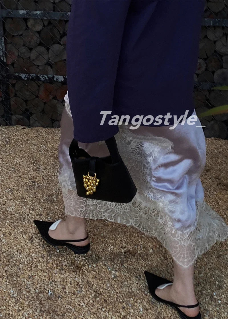 High-End Retro Satin Lace Stitching Skirt Women's 2024 Summer High Waist Slimming Court Style Temperament Mid-Length Skirt.