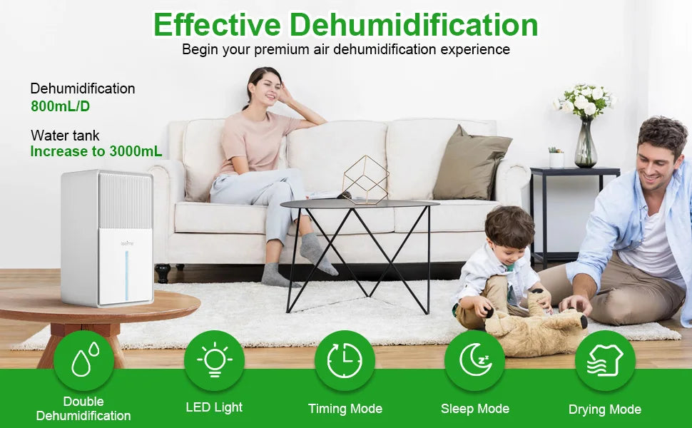 LOEFME 3.0L Air Dehumidifier Portable Mute Moisture Absorbers Machine Air Dryer Deodorizer Dryer For Home Bedroom Office Kitchen.