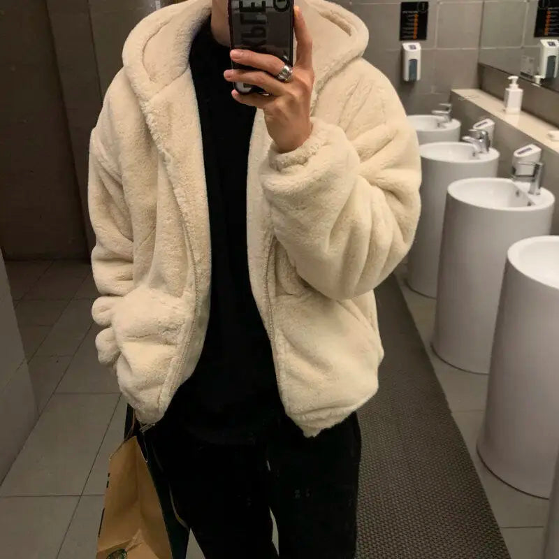 Winter faux lamb wool jacket men's padded thickened cotton clothing loose fleece jacket cotton clothing.