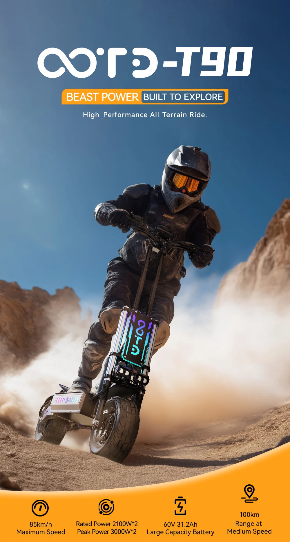 OOTD T90 Foldable Adult Electric Scooter, 85km/h E-Scooter, 4200W Electric Kick Scooter, 60V 31.2Ah Skateboards Kickboard, 100km.