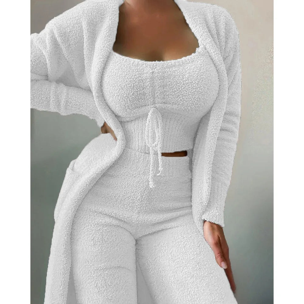 Pajama Woman Winter  Fluffy Pajamas Set for Women Casual Solid Sleepwear 3 Pieces Suit Long Pants Homewear Pijama.