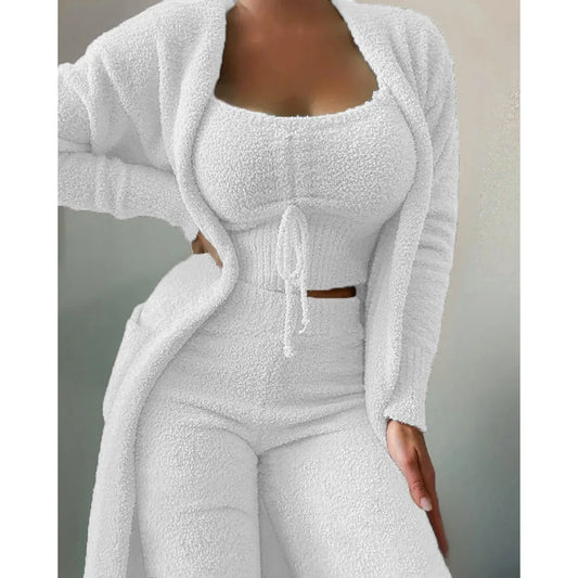 Pajama Woman Winter  Fluffy Pajamas Set for Women Casual Solid Sleepwear 3 Pieces Suit Long Pants Homewear Pijama.