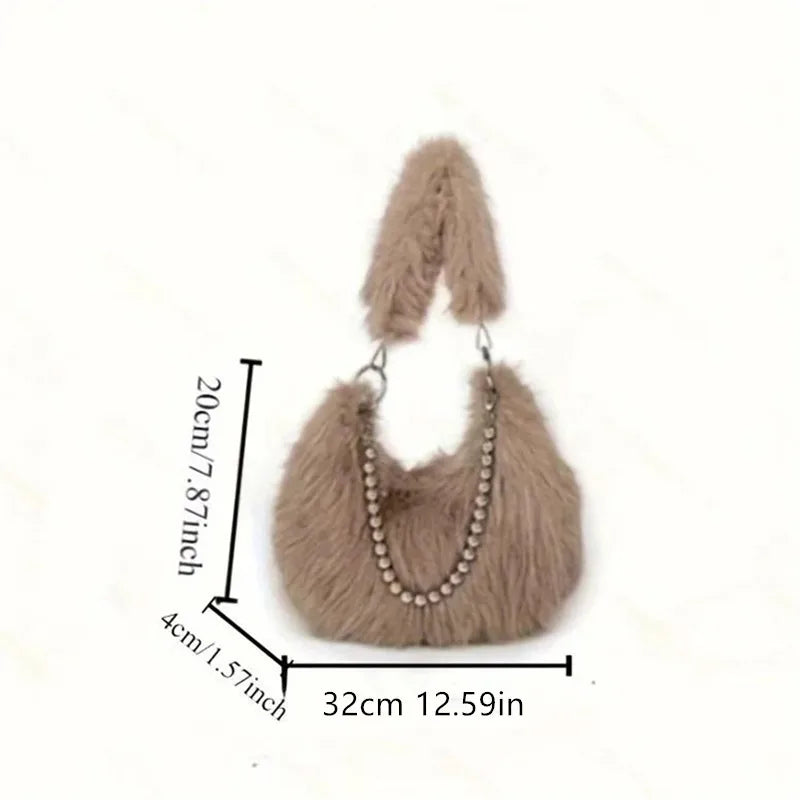 Luxurious Faux Fur Tote Bag Chic Underarm Shoulder Bag Stylish Handbag & Purse with Pearl Chain Strap, Polyester Lined Interior.
