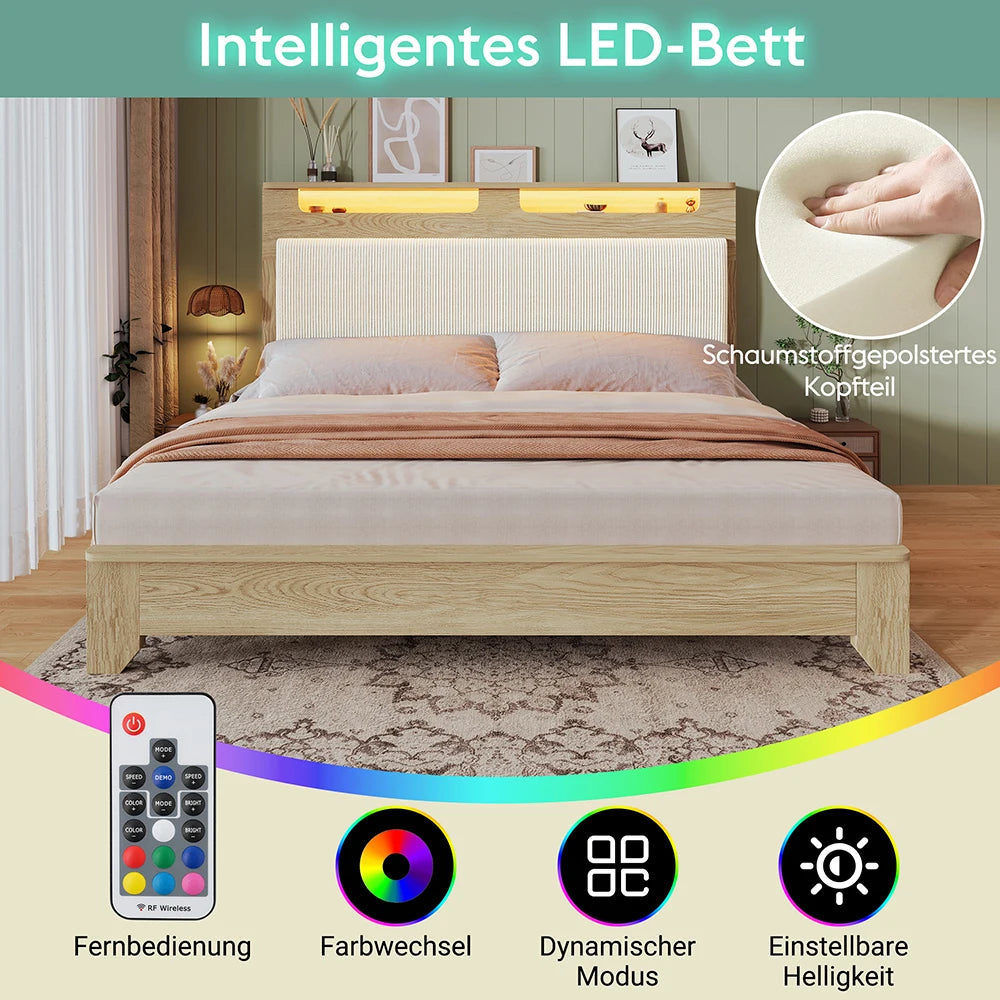 KOMHTOM Holzbett, Kopfteil mit Stauraum, LED-Beleuchtung und beigefarbener Cordpolster-Rückenlehne (Ohne Matratze)