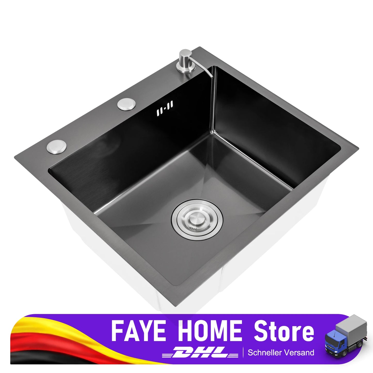 Küchenspüle aus Edelstahl mit integrierter Einzelschüssel, mit Rohr und Seifenspender