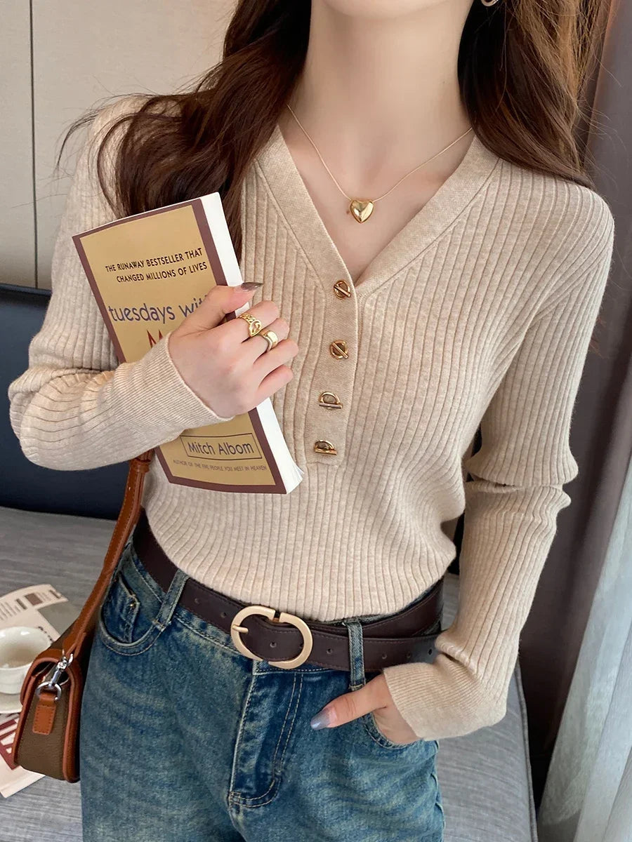 2025 Autumn Winter Women Sweaters Casual Slim Button Knitted Pullover Sweater Femme Basic Solid Jersey Tops Fashion Clothes.