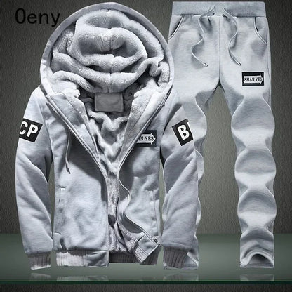 New Winter Fleece Thicken Men's Two-piece Zipper Sports Set Hooded Thermal Suit Casual Oversized Tracksuit 4XL 5XL Funny Suit