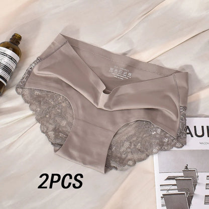 2 Articles Ice Silk Panties Female Mid-waist Non-marking Lace Cotton Crotch Skin-friendly Large Size Breathable Ultra-thin Young.