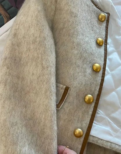 Vintage Cropped Tweed Jacket Women Thicken Quilted Blazer Korean Elegant Short Coat Winter Single Breasted Casual Outerwear Tops.