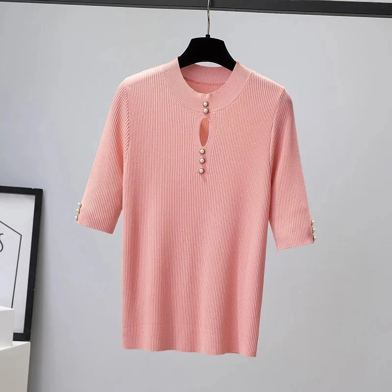 2025 frühling Herbst Korean Fashion Solid Pullover Frauen Kurzarm Tops Pull Femme Beiläufige Dünne Weibliche Pullover Gestrickte Kleidung.