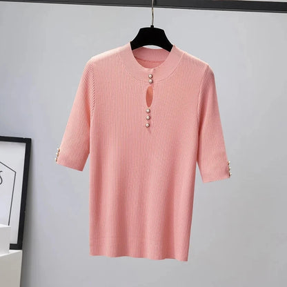 2025 frühling Herbst Korean Fashion Solid Pullover Frauen Kurzarm Tops Pull Femme Beiläufige Dünne Weibliche Pullover Gestrickte Kleidung.