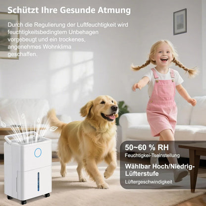 Dehumidifier with 4 operating modes, digital display, drain hose, for 150 m³ rooms, dehumidification 9l/day.