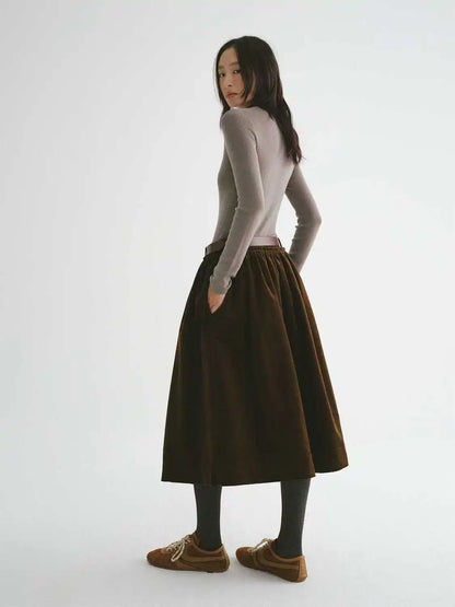 Advanced Retro Brown Skirt For Women In Autumn And Winter Fashion, Corduroy High Waist Slimming Skirt.