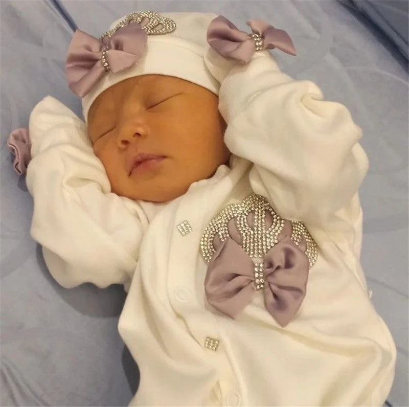 5pcs Handmade DIY Vinyl Name Personalized Baby Girl Newborn Jewels Crown Pink Take Me Home Layette 5 Piece Deluxe Gift Set.