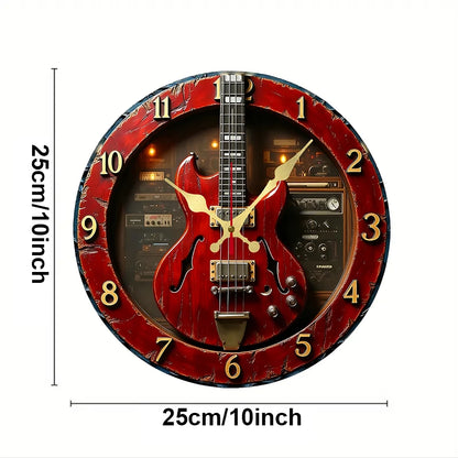 Vintage Gitarren-Wanduhr aus Holz, rund, geräuschlos, zum Aufhängen, geeignet für Wohnzimmer, Büro, Arbeitszimmer, Schlafzimmer, Heimdekoration