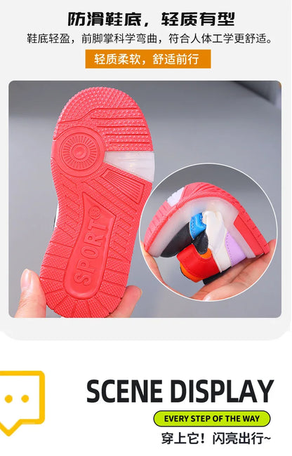 Disney Girls' Causla Shoes PU Leather Mickey Mouse LED Luminescent Children's Sneaker 1-6 Year Old Boys' Sports Casual Shoes.