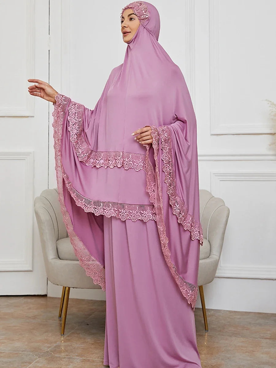 Ramadan  Long Khimar Muslim Abaya Women Prayer Garment Saudi Prayer Dress Lace Trim Silky 2 Piece Skirt Sets Eid Niqab jilbab.