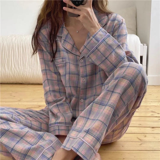 Pajamas Female Autumn and Winter Long-Sleeved Sweet Homewear Two-Piece Tide Cardigan Lapel Plaid Homewear 1.