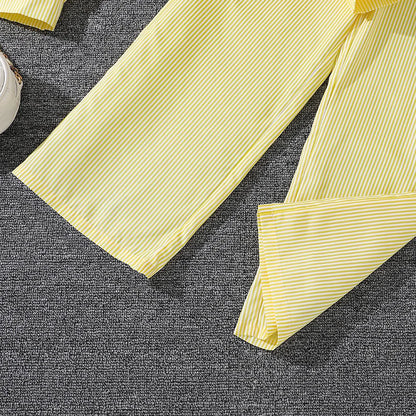 Spring Hot Sale Kids Outfit 4-12 Years Girls Striped Long Sleeve Chemise + Casual Loose Straight Leg Pants Shirt Suit 2Pcs Set.