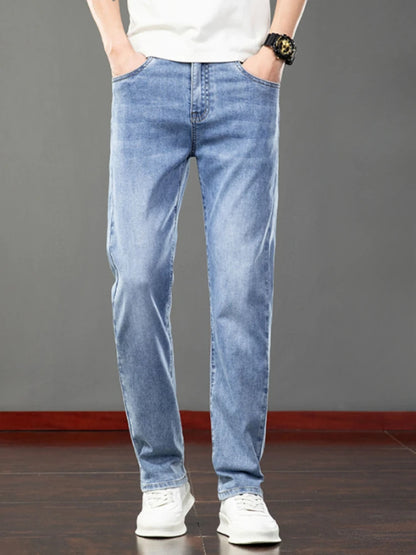 Spring Summer Thin Slim Fit Jeans Mens Elastic Straight Casual Business Denim Pants Washed Classic Brand Clothing Men Trousers