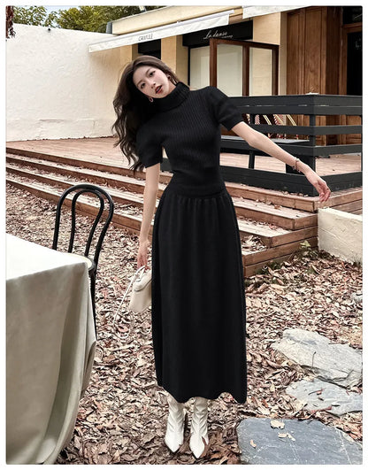 VigoAnne Spring Autumn 2025 Turtleneck Knit Woman 2 Piece Set Casual Solid High Waist Skirts Suits Korean Lady Long Dress Suit