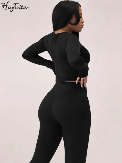 Hugcitar Pure Color Long Sleeve Crop T-Shirt Legging 2 Piece Matching Sets 2024 Spring Women Fashion Streetwear Sports Tracksuit.