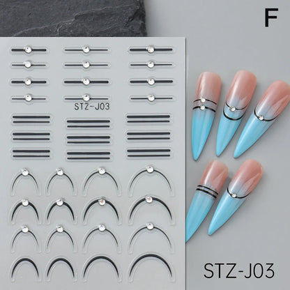 French Tips Nail Sticker 5D Embossed Crystal French Nail Decals Gold Silver Black Line Design Adhesive Slider Nails Art