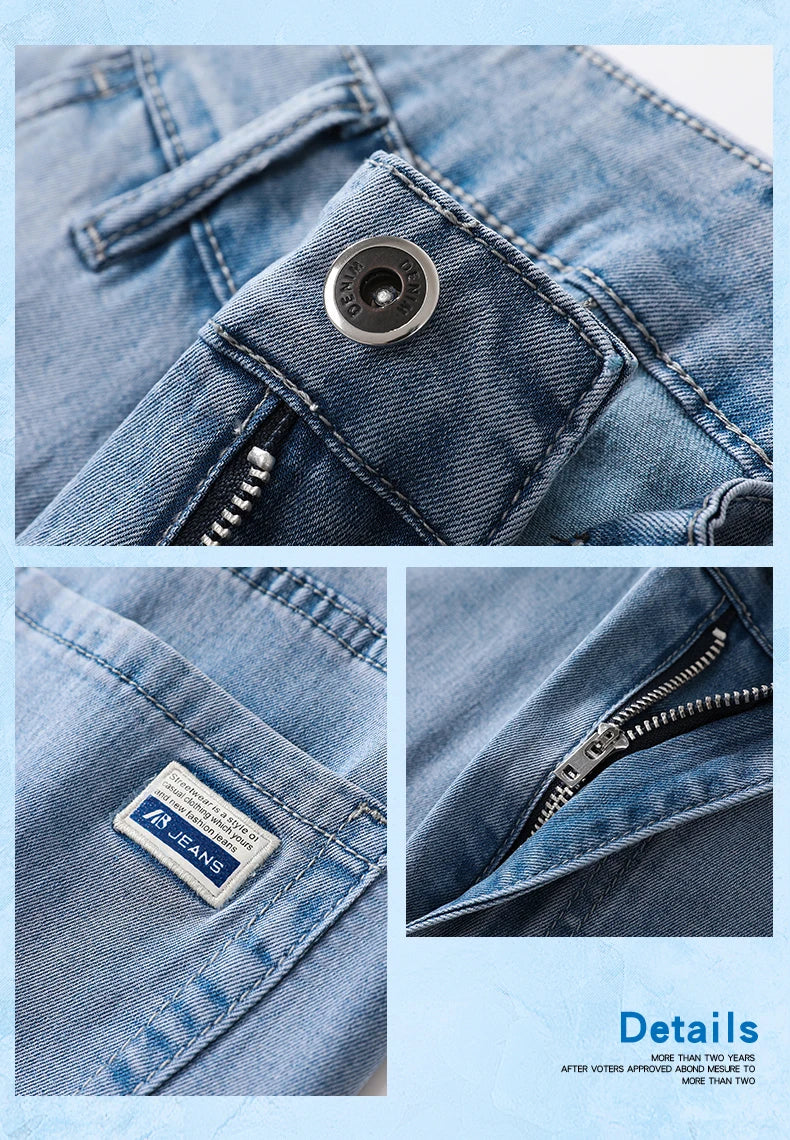 Summer Thin Men's Jeans Lyocell Fabric Soft Breathable Straight Denim Pants Brand Man Elastic Ice Silk Casual Trousers Grey Blue.