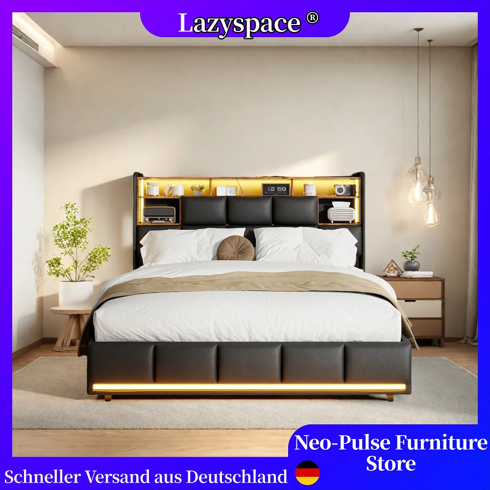 Lazyspace PU-Doppelbett, LED-Beleuchtung und hydraulischem Bettrahmen mit Stauraum, Wohnmöbel-Polsterbett, 140/160 x 200 cm