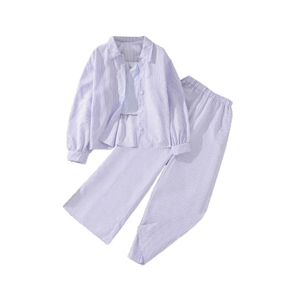 Spring Hot Sale Kids Outfit 4-12 Years Girls Striped Long Sleeve Chemise + Casual Loose Straight Leg Pants Shirt Suit 2Pcs Set