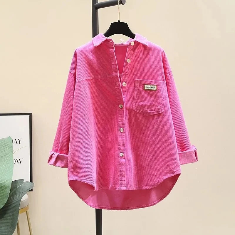 2023 frühling Herbst Cord Langarm-shirt für Frauen Koreanische Ausgabe Casual Mode Medium länge Shirts Weibliche Outwear Tops
