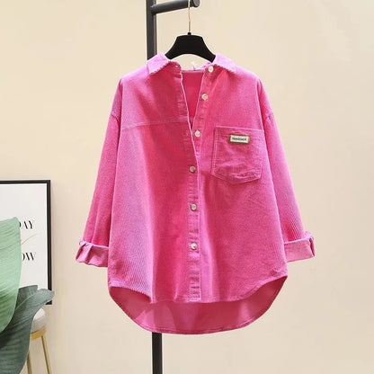 2023 frühling Herbst Cord Langarm-shirt für Frauen Koreanische Ausgabe Casual Mode Medium länge Shirts Weibliche Outwear Tops