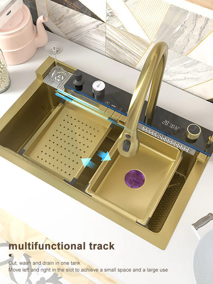 Stainless Steel Silver Kitchen Sink Multifunction Waterfalls Intelligent Digital Display Faucet Household Large Single Slot