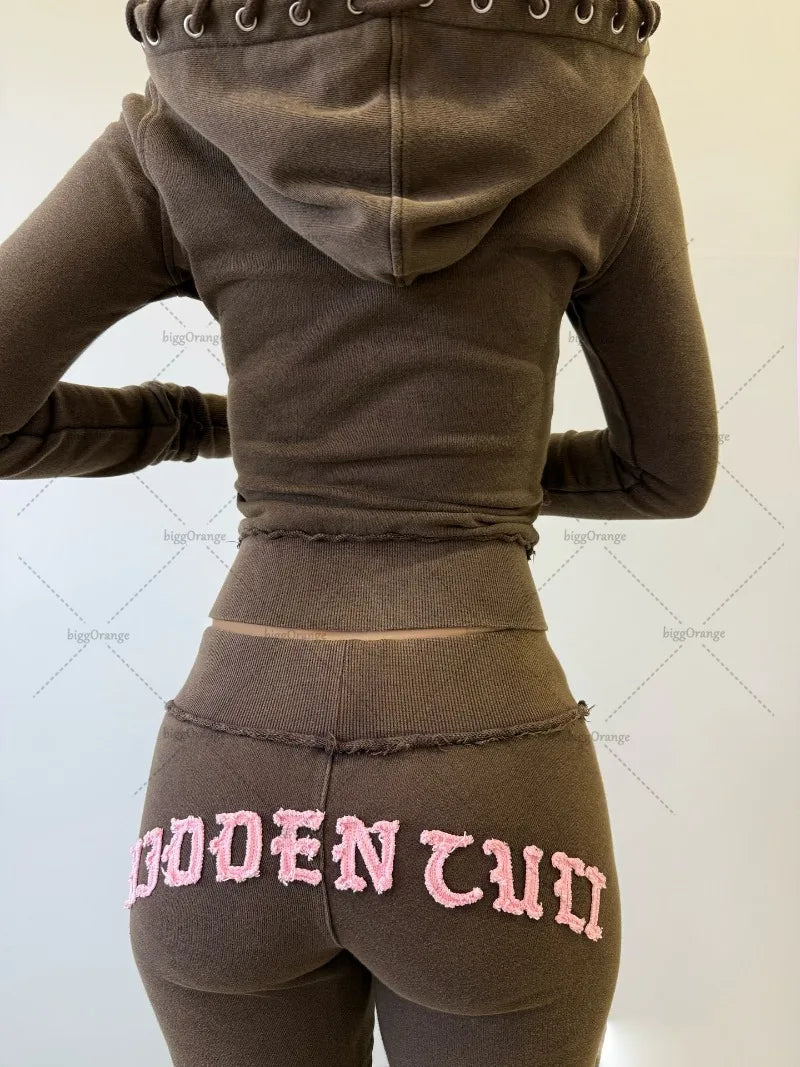 2025 Hip-hop Street Fashion Sports Suit New Letter Embroidery Brown Zipper Hoodie Casual American Loose Straight Pants Women.