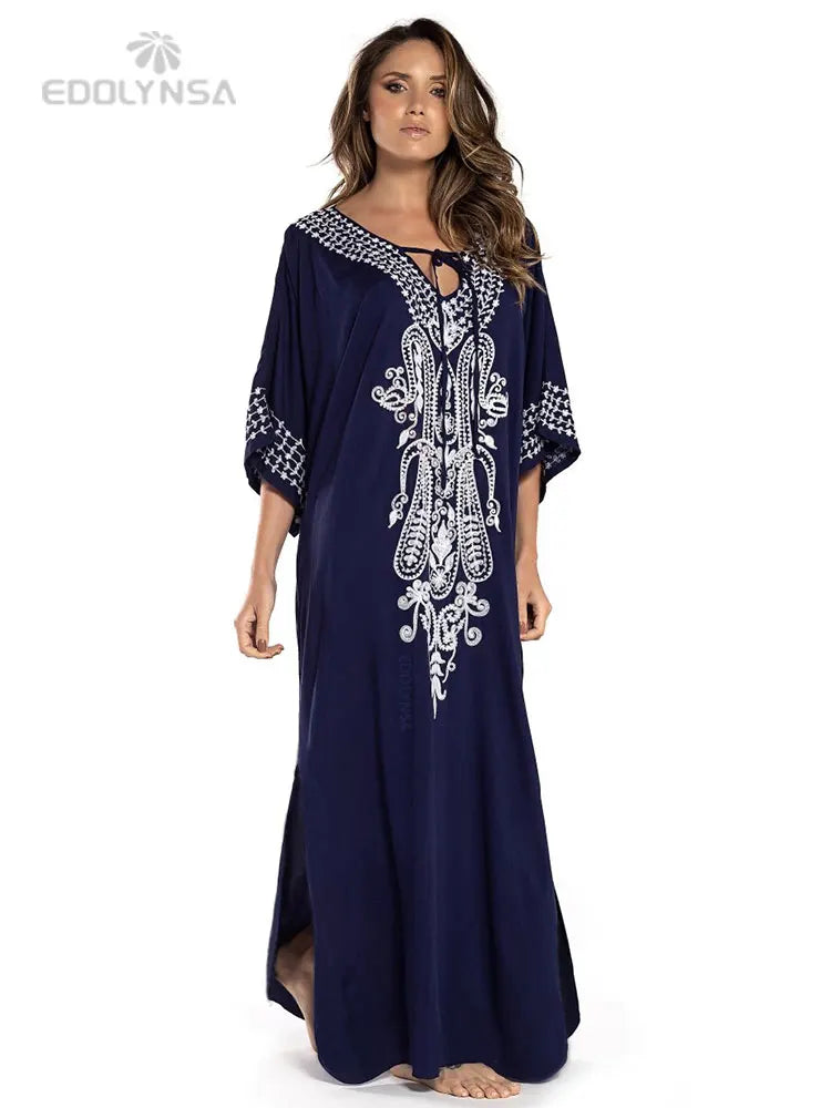 2025 Indie Folk Schnürung V-Ausschnitt Fledermausärmel Sommer Strandkleid Tunika Damen Beachwear Kaftan Maxikleid Robe Sarong Q775.