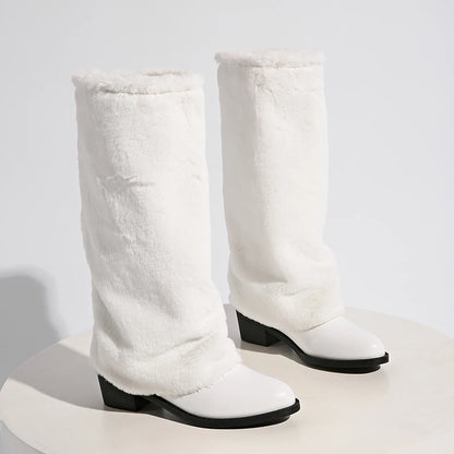 Luxury White Faux Wool Knee High Boots Women Winter Soft Plush Straight Tube Boots Woman Fashion Slip On Block Heel Long Botas.