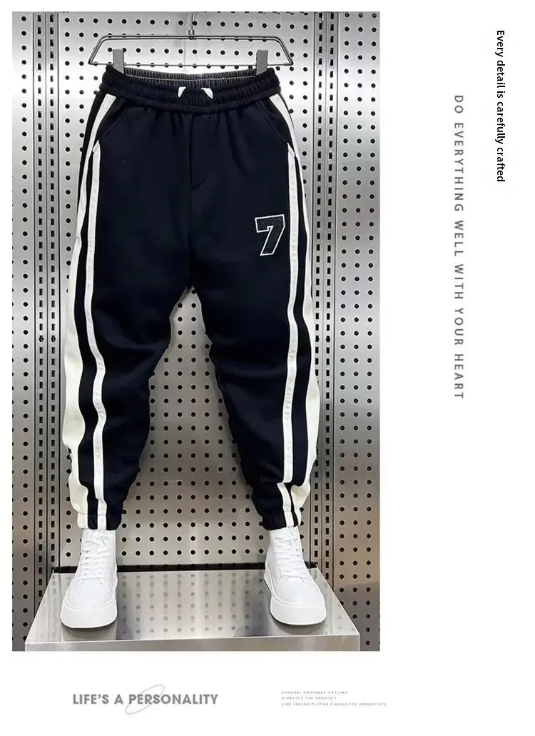 Fashionable Striped Color Blocking Sweatpants 2024 Autumn/Winter Men's New Casual Ankle Pants Patchwork Warm Harem Trousers.