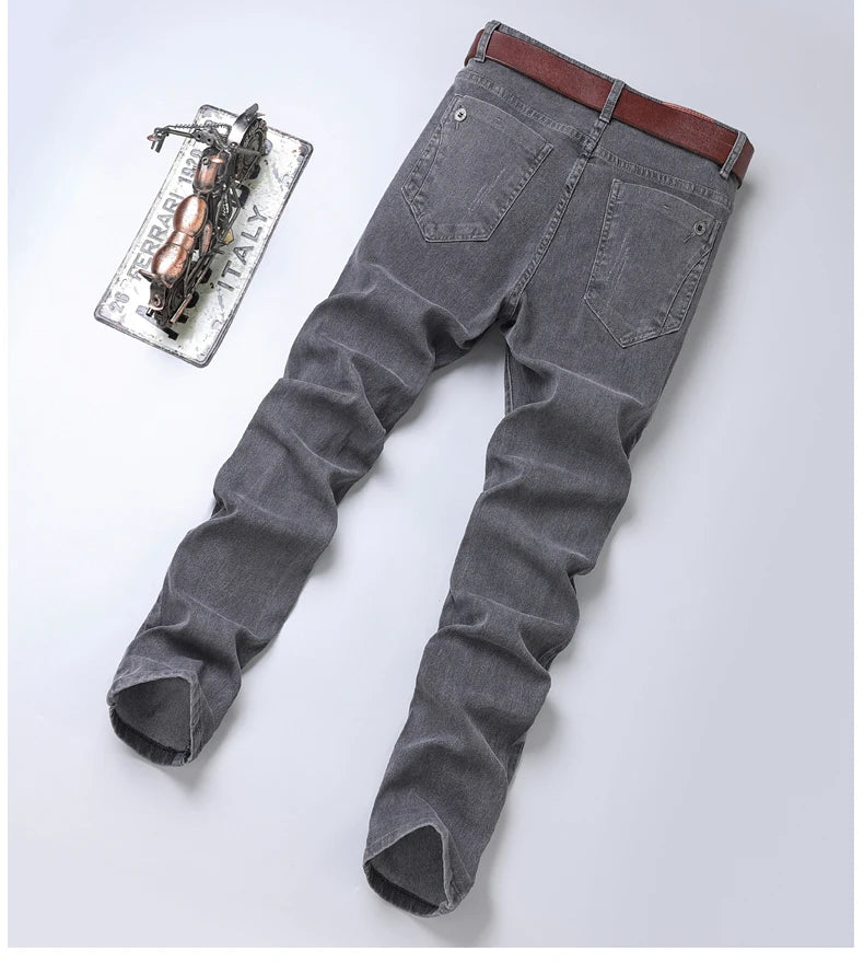 New Pure Gray Korean Slim Jeans Men's Stretch Tight Trendy Jean Trousers Branded Streetwear Comfortable Man Clothing Pants.