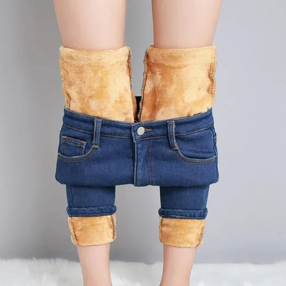 Frauen Thermische Dünne Jeans Mom Winter Warme Plüsch Stretch Jeans Dame Fleece Schnee Denim Hosen Student Bleistift Gerade Bein Hosen