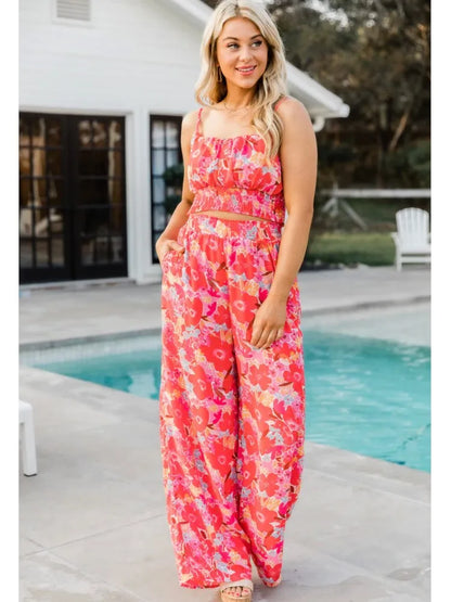 Women's Fashion Print Halter Sexy Short Top + Wide Leg Pant Suit Summer Casual Simple Sweet About Elegant Female Pant 2piece Set