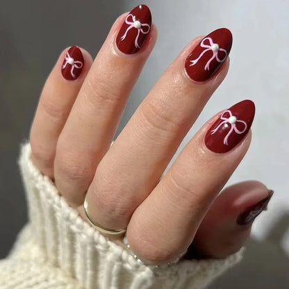 White Glitter Powder Bowknot Long Pointed Fake Nails Art Ballet False Nail Cow Print Pearl Rhinestone Pink Almond Press on Nails