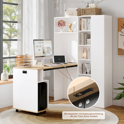 Klappbarer Schreibtisch mit Regalen – 2-in-1-Bücherregal und Schreibtisch, klappbar, mit Steckdose und USB-Anschluss, höhenverstellbare Regale