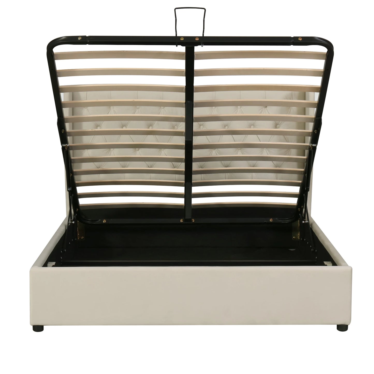 Polsterbett hydraulische 140x200cm, Doppelbett mit Lattenrost, Stauraum, Ohrenform, Knopfnähte, Samtstoff, beige, ohne Matratze