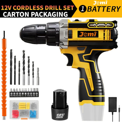 Jemi Tool 12 V/21 V Akku-Bohrschrauber, 45 Nm Schlagbohrmaschine, 25+3 Drehmomenteinstellung, mit 45 optionalen Zubehörteilen