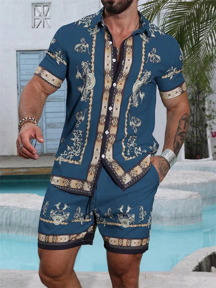 A Comfortable Summer Men's Suit Featuring Short-sleeved Shirts And Loose Shorts, A Two-piece Outdoor Fashion Set.