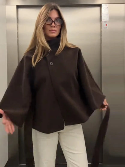 Damenmantel, kurze Cape-Mäntel für Damen, Gürtel, Mäntel aus Kunstwolle und Mischungen, Herbst-Winter, feste Mäntel, elegante Umhangjacke für Damen
