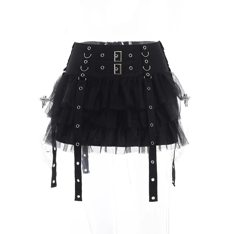 Goth Dark Ruffles Mall Gothic Mesh Splice Mini Skirts Grunge Aesthetic Harajuku Buckle A-line Skirt Punk High Waist Alt Bottoms