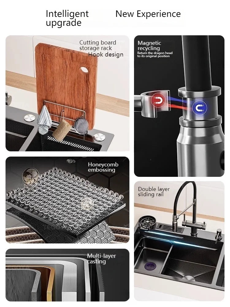 Stainless Steel Kitchen Sink Large Double Slot Waterfall Outlet Convenient for Dish and Vegetable Washbasin