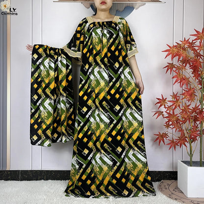 New Muslim Dress Woman Short Sleeve Dashiki African Abaya Tie-dyed Printing Cotton Loose Femme Robe Islamic Dresses With Scarf