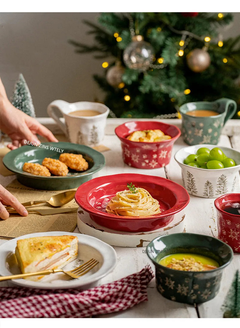 1PC Exquisite Christmas Tableware Ceramic Plates Fruit Salad Plates Breakfast Milk Mugs Household Kitchen Ceramic Noodle Bowls.